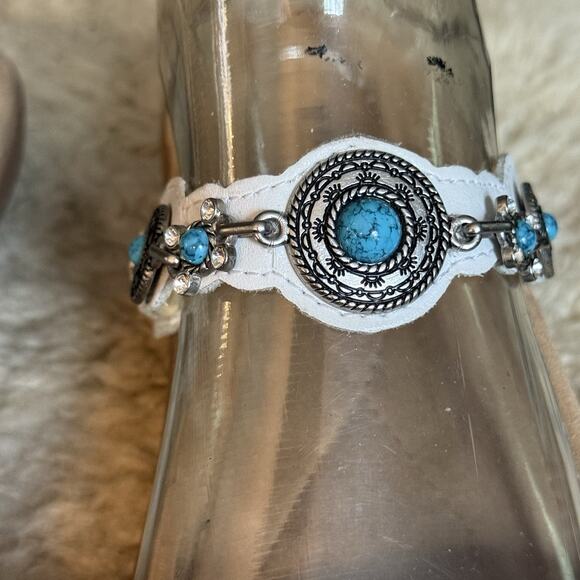 Minnetonka White Leather Boca Slide III Sandals Sz 9 Turquoise Conchos Tribal - Picture 6 of 9